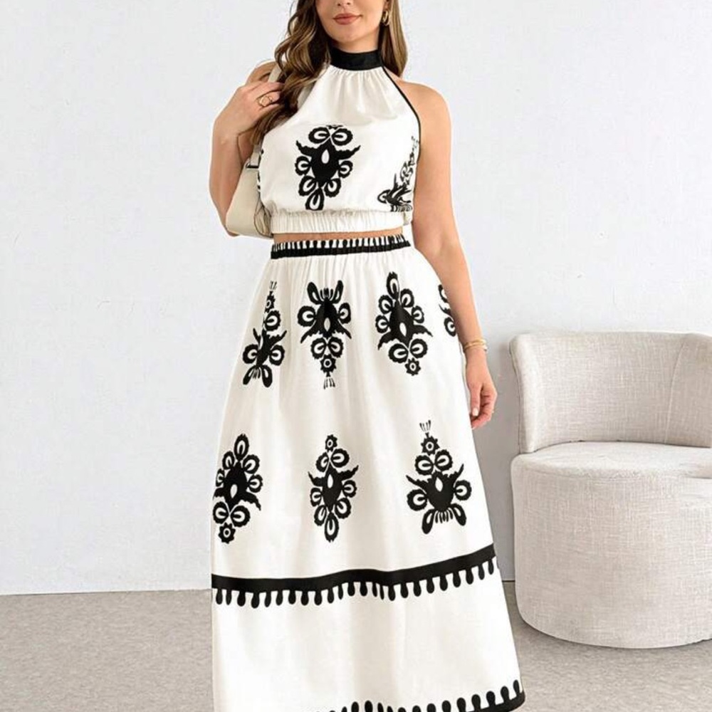 SHEIN White Maxi Halter Crop Set with Black Embroidered Motifs